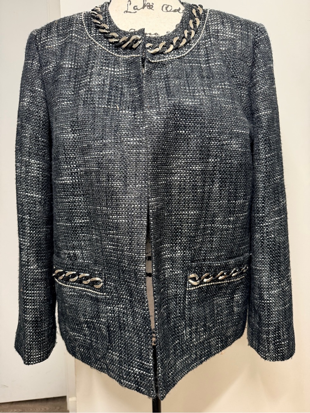 Alfred Dunner 12P Metallic Tweed Chain Trim Collarless Jacket Black Silver Glam